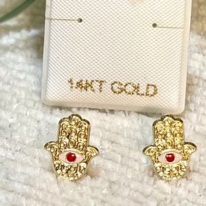 Solid Yellow Gold 14 Karat Hamsa Red Earring